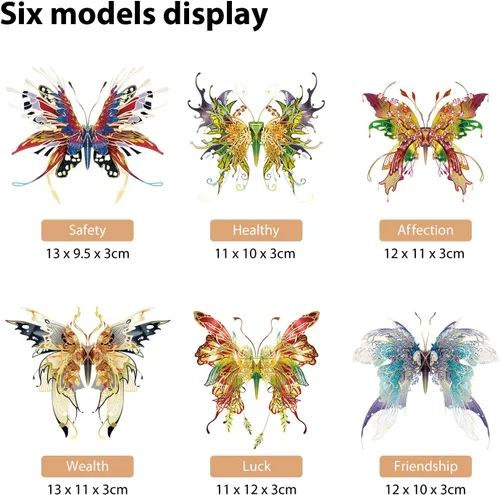 Vista 3 de Microworld Rompecabezas de metal 3D, 6 estilos de deseos de mariposa, kit de modelo de metal, bendición familiar, símbolo de la suerte, colección