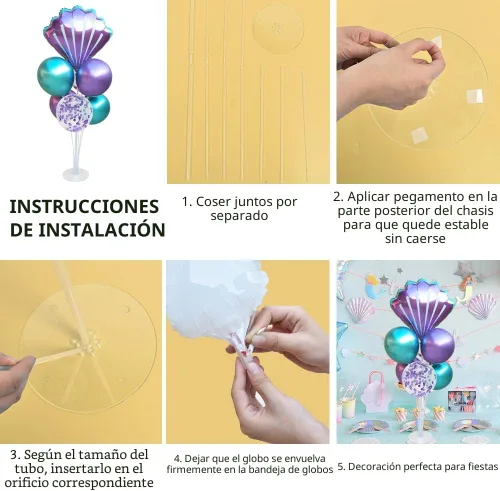 Vista 2 de Kit de soporte de globos de mesa de sirena, 2 juegos con 2 globos de aluminio de conchas marinas, 14 globos de látex azul púrpura para cumpleaños