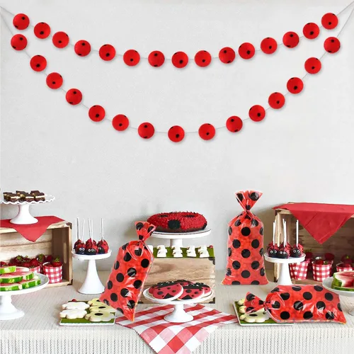 Vista 5 de Lecpeting 100 bolsas de golosinas de mariquita, bolsas de dulces de celofán con lunares rojos y negros, regalos de fiesta de mariquita con lazos