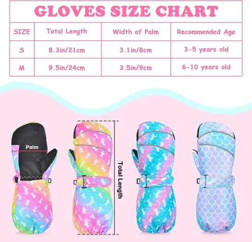 Vista 6 de AuSletie Guantes de invierno impermeables para niños, guantes de esquí para la nieve para niñas, guantes de snowboard cálidos con forro de sherpa