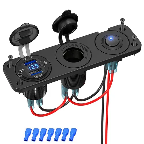 Vista 4 de Panel de enchufe USB QC3.0 dual para automóvil, impermeable, 12 V, adaptador de toma de corriente y interruptor de palanca de encendido y apagado