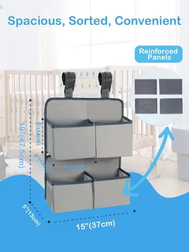 Vista 4 de Organizador de pañales colgante para cuna/corralito/moisés – Capacidad para más de 80 pañales - 4 bolsillos profundos - A19 pulg x L15 pulg Mesa
