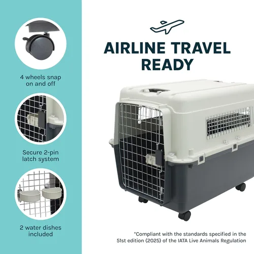 Vista 7 de SportPet Designs Perreras de plástico, Jaulas de viaje para perro, de plástico con ruedas, aprobadas para aerolínea, con puerta de alambre