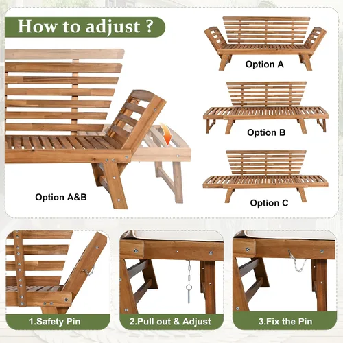 Vista 5 de Harper & Bright Designs Sofá convertible al aire libre con reposabrazos ajustable, sofá de madera maciza para patio con cojines, acabado Acabado
