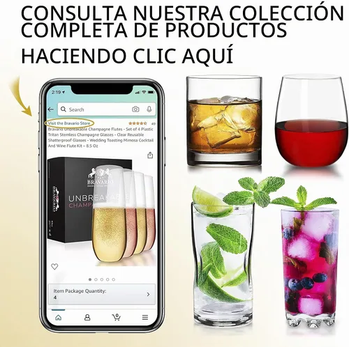 Vista 7 de Bravario Copas de champán de plástico irrompibles sin tallo, vasos de plástico 100% Tritan inastillables, reutilizables, sin BPA, 8.5 onzas, juego