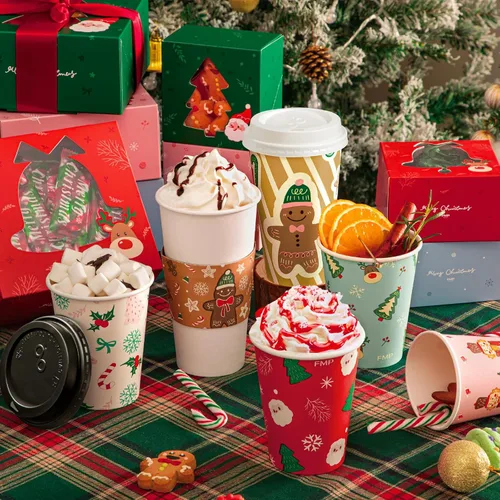 Vista 7 de FMP Brands Paquete de 50 fundas de papel de Navidad para tazas de café, fundas desechables de café navideñas para tazas de café desechables de 12