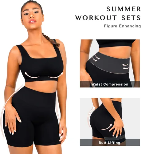 Vista 5 de FeelinGirl Conjuntos de entrenamiento para mujer, 2 piezas, sin costuras, brasier deportivo acanalado, pantalones cortos de cintura alta, tallas