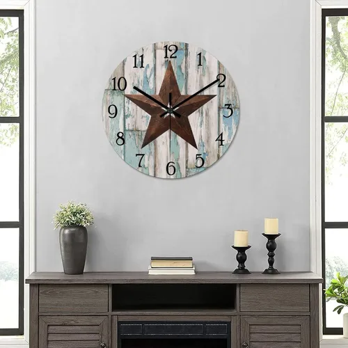 Vista 6 de Reloj de pared vintage con estrella de Texas occidental de madera rústica, sin tictac, silencioso, funciona con pilas, fácil de leer, elegante reloj