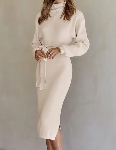 Vista 21 de ZESICA - Vestido por debajo de la rodilla de suéter, de cuello alto, para mujer, de manga larga, de punto acanalado, con abertura y cinturón