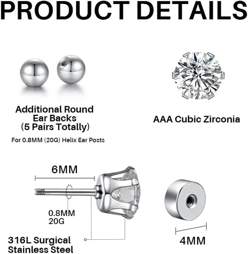 Vista 2 de Flat Back Stud Earrings Surgical Steel Hypoallergenic Stud Earrings for Women Girls Cartilage earring Tragus Jewelry 20G Helix Earrings-5 Pairs