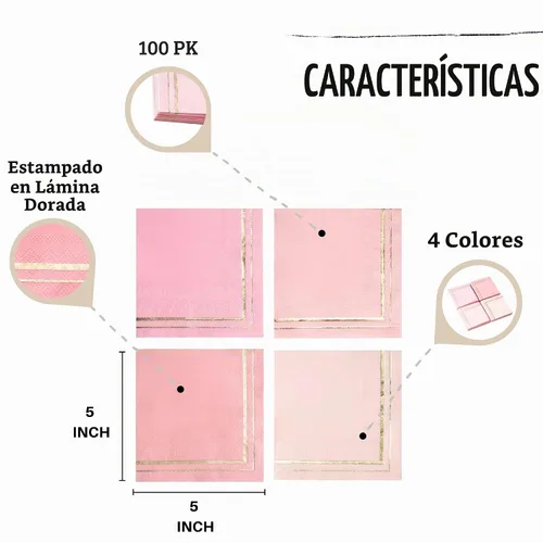 Vista 2 de 100 Servilletas Rosas - 4 Diseños Surtidos l Servilletas de Cóctel de 3 Capas Dobladas 5 x 5 Pulgadas l Servilletas de Bar Servilletas Desechables