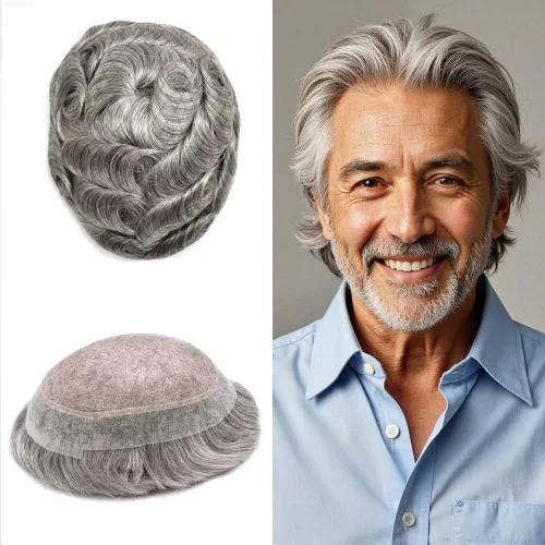 Vista 110 de Toupee para hombres Piezas de pelo fino mono para hombre Toupee sistema de reemplazo de pelo para hombres línea capilar natural para hombre postizo