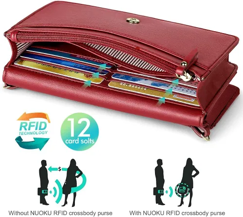 Vista 6 de nuoku Bolso bandolera pequeño para mujer con ranuras para tarjetas RFID 2 correas máximo 65 pulgadas