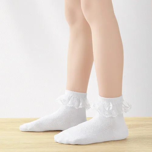 Vista 6 de Looching 5 pares de calcetines de encaje con volantes de malla con ojales de algodón para el tobillo suave para niñas pequeñas