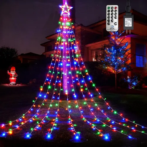Vista 9 de WBao 344 luces LED de Navidad para decoración al aire libre con estrella de 12 pulgadas, luces de Navidad de cascada de 11.9 pies, control remoto, 8