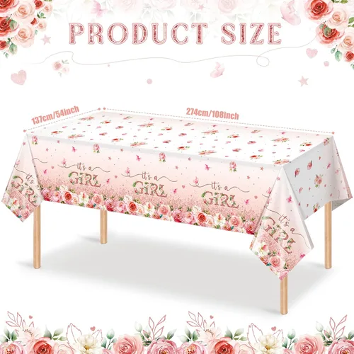 Vista 2 de Paquete de 1 mantel floral para baby shower, decoración de baby shower, decoración de fiesta de nacimiento con flores rosas para niñas, mantel