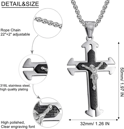 Vista 5 de Collar con colgante de cruz de oración del Señor de acero inoxidable con crucifijo de Jesucristo y versículo bíblico para hombresniñosmujeres