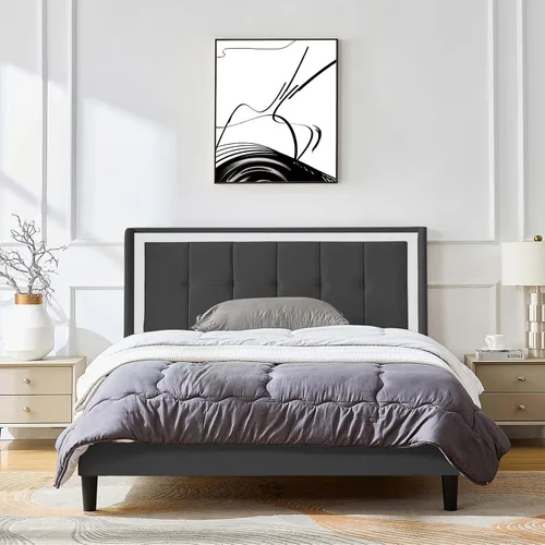 Vista 8 de Base de cama tapizada de tamaño matrimonial con cabecera de terciopelo moderna y soporte de listones de madera resistente, antideslizante, sin