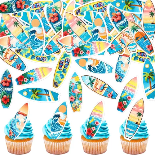 Vista 18 de Ercadio Paquete de 24 adornos para tartas de flamencos hawaianos con purpurina rosa, flamencos Luau, decoración hawaiana tropical de verano, Aloha