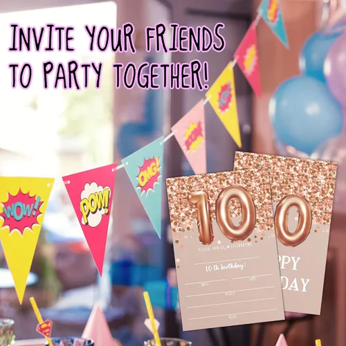 Vista 4 de Tarjetas de invitación de cumpleaños número 10, invitaciones de fiesta de cumpleaños número 10 con purpurina de oro rosa, suministros de decoración