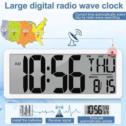 Vista 2 de Reloj Atómico 15" Reloj de Pared Digital Reloj de Pared Atómico Funciona con Pilas Reloj de Alarma Digital Grande con Día, Fecha y Temperatura
