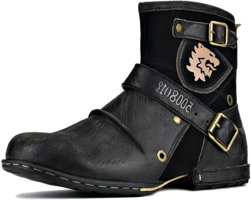 Vista 10 de OSSTONE Botas Moto para Hombre de Moda con Cremallera Botas de Cuero Chukka Casuales Estilo Retro OS-5008-1-DA1B1