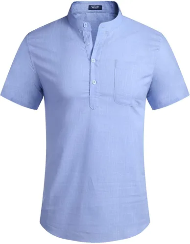 Vista 6 de COOFANDY - Camisetas henley de algodón y lino para hombre manga larga con bolsillo de estilo hippie informal para la playa