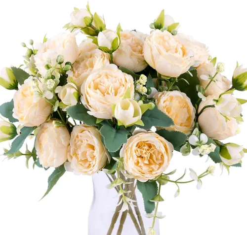 Vista 9 de 2 racimos de flores artificiales de peonía beige, ramo de peonías de seda para bodas, fiestas, centros de mesa, arreglos florales, decoración