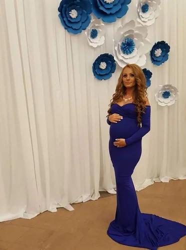 Vista 5 de ZIUMUDY - Vestido ajustado de maternidad con cuello en V fruncido, hombros descubiertos, manga larga, maxivestido para fotografía