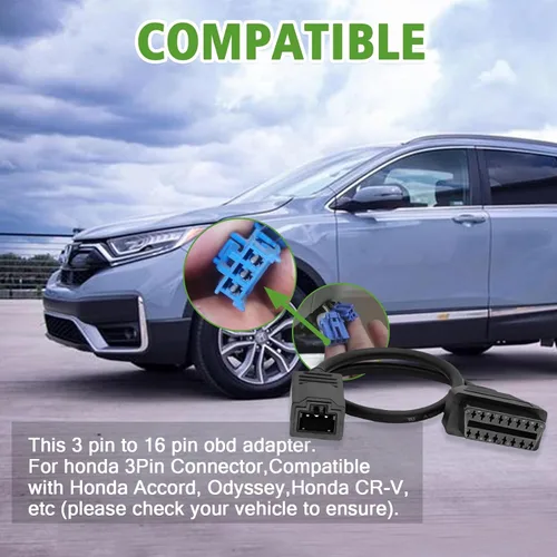 Vista 2 de Adaptador OBD1 a OBD2 para Honda Cable de 3 Pines, Compatible con Vehículo Honda Cable Adaptador de Conector Diagnóstico de 3pines Obd1 a 16pines