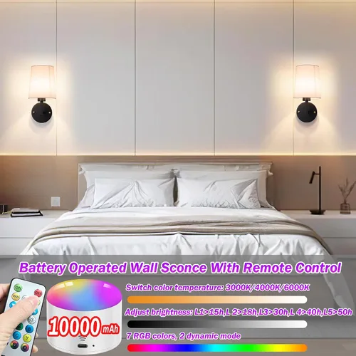 Vista 8 de Juego de dos apliques de pared modernos que funcionan con pilas, con control remoto, lámpara de pared inalámbrica para interiores, lámpara de pared