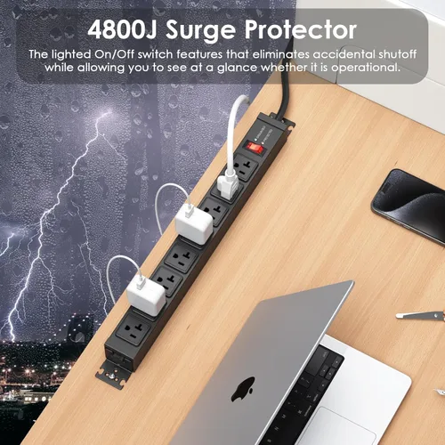 Vista 5 de JUNNUJ Regleta protectora contra sobretensiones de 20 amperios 4800J, resistente 8 salidas de metal multiángulo, tira de alimentación de garaje