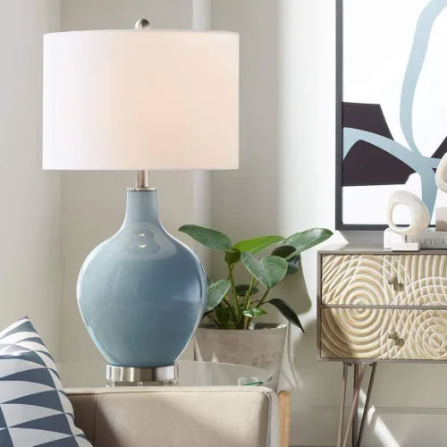 Vista 21 de Color + Plus Lámpara de mesa moderna de 28.5 pulgadas de alto, cristal azul Mónaco OVO blanco con pantalla de tambor de lino para sala de estar