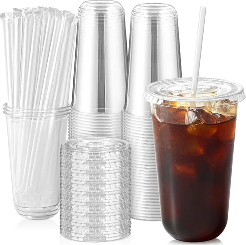 Vista 11 de Juego de 50 tazas de café de plástico transparente de 12 onzas con tapas y pajitas