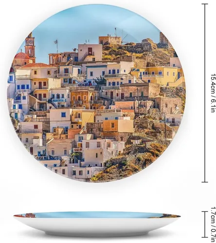 Vista 2 de Plato colgante decorativo de paisaje de pueblo de Grecia, decoración del hogar, decoración del hogar, recuerdo, arte de pared, plato de cena