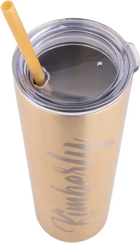 Vista 3 de Vaso delgado de acero inoxidable con popote y tapa, termo personalizado (20 onzas) – Champagne Mate negro
