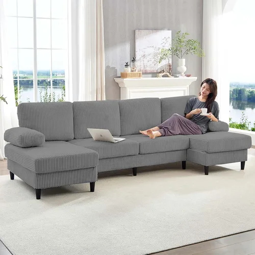 Vista 11 de Mjkone Sofá modular extragrande en forma de U de 110 pulgadas de ancho, juego de sofá de pana de 4 plazas con diván doble, sofá cama tapizado