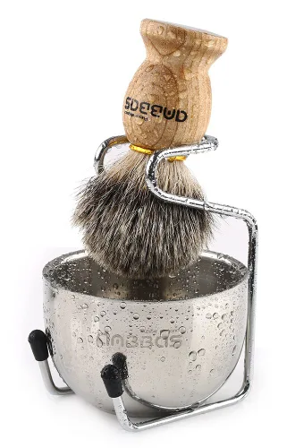 Vista 12 de Anbbas brocha de afeitar con pelo sintético de tejón y mango de madera, soporte y cuenco de afeitado de acero inoxidable, perfecto para afeitado