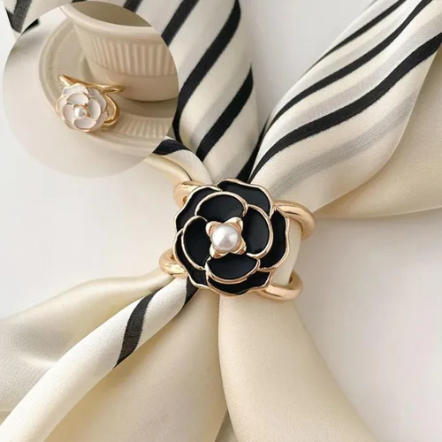 Vista 6 de 4 piezas de clip de anillo de bufanda para mujer, broche de perlas y flores, hebilla de metal para chal, accesorios de decoración para damas y niñas