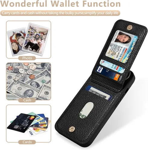 Vista 3 de Funda para iPhone 12 Pro/12, 6.1'', Funda Cartera Cruzada Desmontable con Ranuras para Tarjetas con Bloqueo RFID, Anillo de Soporte 360, Funda Negro