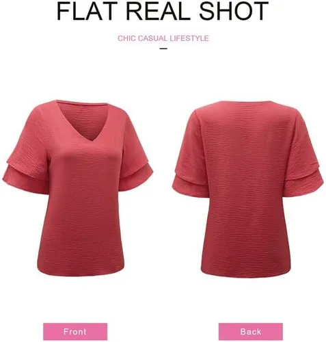 Vista 5 de SHEWIN Blusas de verano para mujer, estilo casual, cuello en V, con volantes, manga corta, holgadas