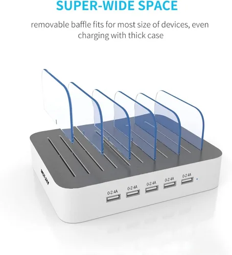 Vista 5 de MSTJRY Estación de carga para múltiples dispositivos: Estaciones cargadoras multi USB-A de 5 puertos, organizador multidispositivo, base de carga