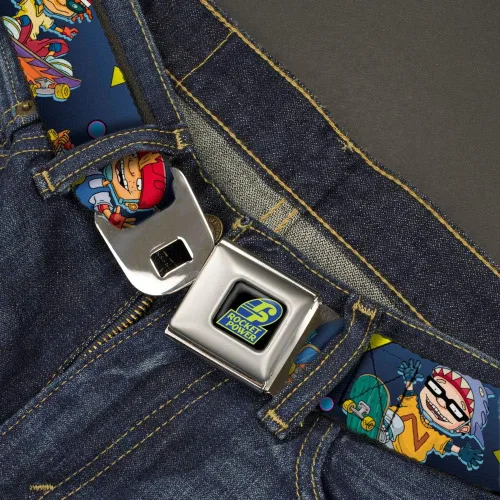 Vista 2 de Nickelodeon Belt, Seatbelt Buckle Belt, Rocket Power Character Poses Shapes Cool Gray Multi Color, Adjustable