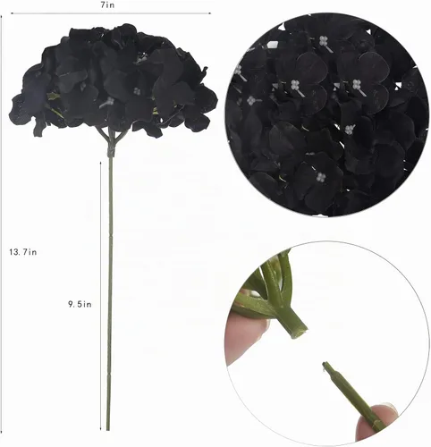 Vista 4 de 10 cabezas de hortensias de seda con tallos de flores artificiales para bodas, fiestas, decoración del hogar (negro)
