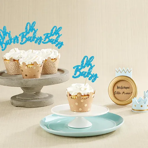 Vista 9 de 24 adornos para cupcakes con purpurina para baby shower, para baby shower, temática de revelación de género, decoraciones para pasteles para baby
