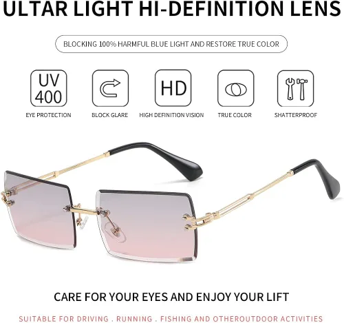 Vista 4 de KAMMPT Gafas de sol sin montura para mujeres y hombres lentes teñidas de metal dorado sin marco unisex rectángulo lentes