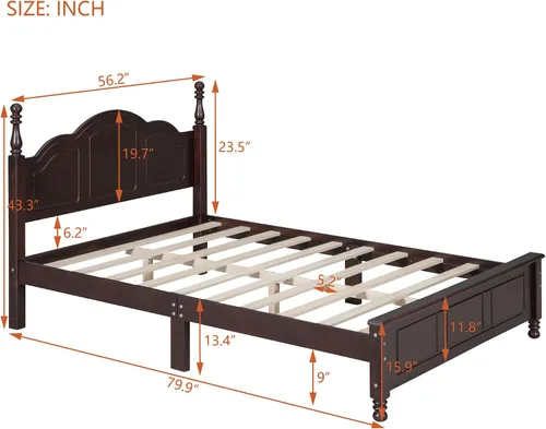 Vista 2 de DEINPPA Marco de cama bajo con póster de estilo inglés, cama de plataforma de madera medieval, no necesita somier, nogal oscuro