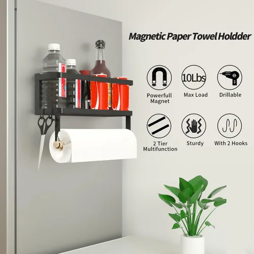 Vista 4 de Soporte magnético para toallas de papel para refrigerador, estante magnético para especias, estante magnético para estufa, toallero de montaje