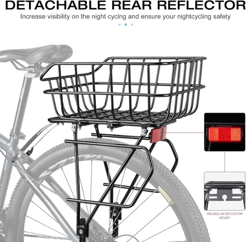 Vista 4 de CXWXC Portabicicletas trasero con cesta – Portabicicletas para freno de disco/soporte de freno sin disco – Portabicicletas, soporte de transporte