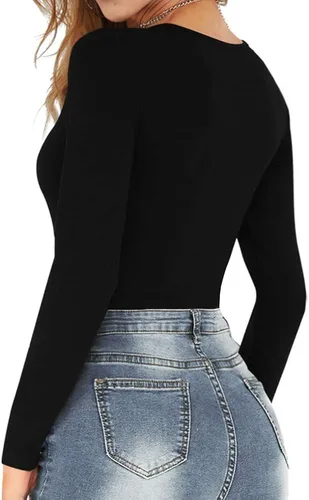 Vista 3 de MANGOPOP Camisetas de manga larga con cuello en V cuadrado y manga corta para mujer